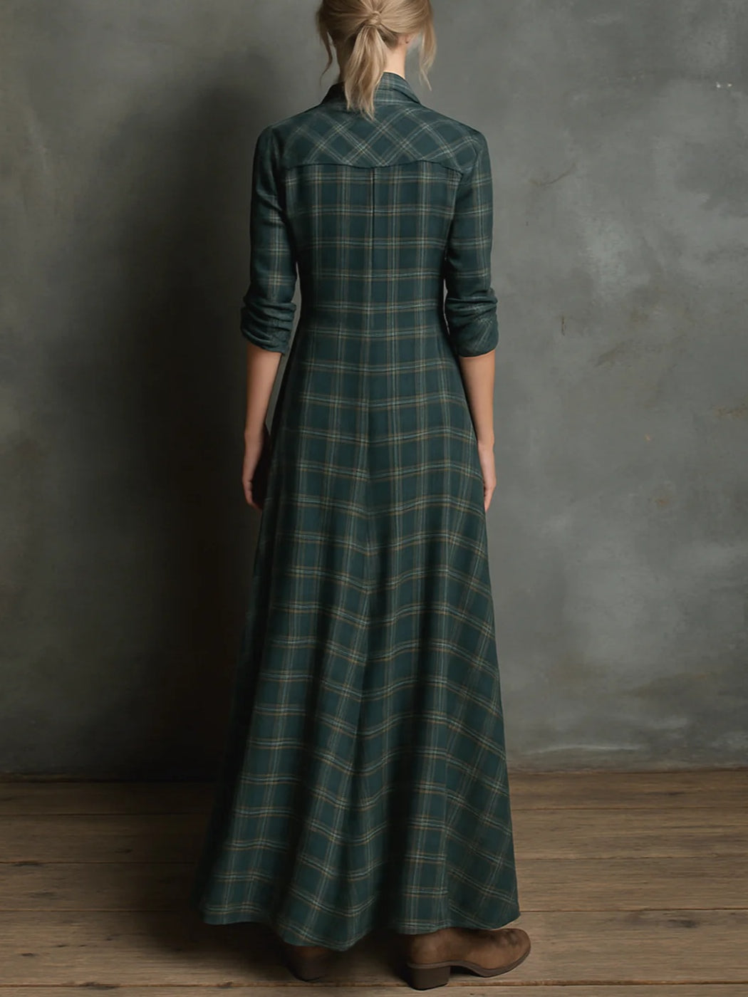 Valentina | Long Dress with Green Plaid Lapel