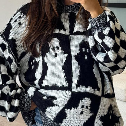 Halloween Ghost Checkered Oversized Knit Sweater, Y2K Long Sleeve Crewneck Pullover, Cozy Fall Holiday Top for Women