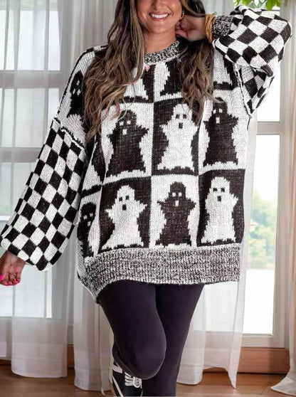 Halloween Ghost Checkered Oversized Knit Sweater, Y2K Long Sleeve Crewneck Pullover, Cozy Fall Holiday Top for Women