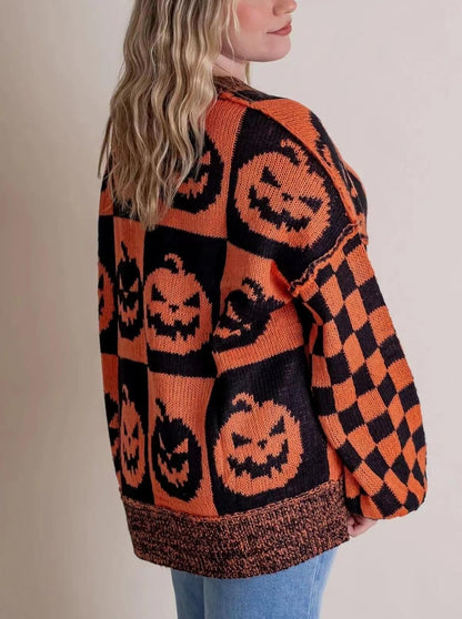 Halloween Ghost Checkered Oversized Knit Sweater, Y2K Long Sleeve Crewneck Pullover, Cozy Fall Holiday Top for Women