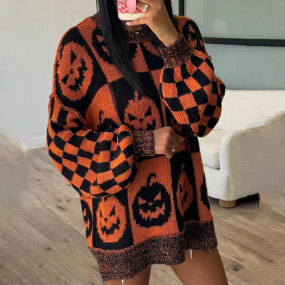 Halloween Ghost Checkered Oversized Knit Sweater, Y2K Long Sleeve Crewneck Pullover, Cozy Fall Holiday Top for Women