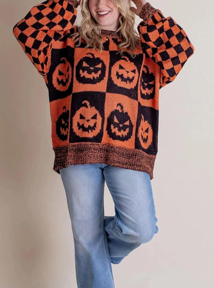 Halloween Ghost Checkered Oversized Knit Sweater, Y2K Long Sleeve Crewneck Pullover, Cozy Fall Holiday Top for Women