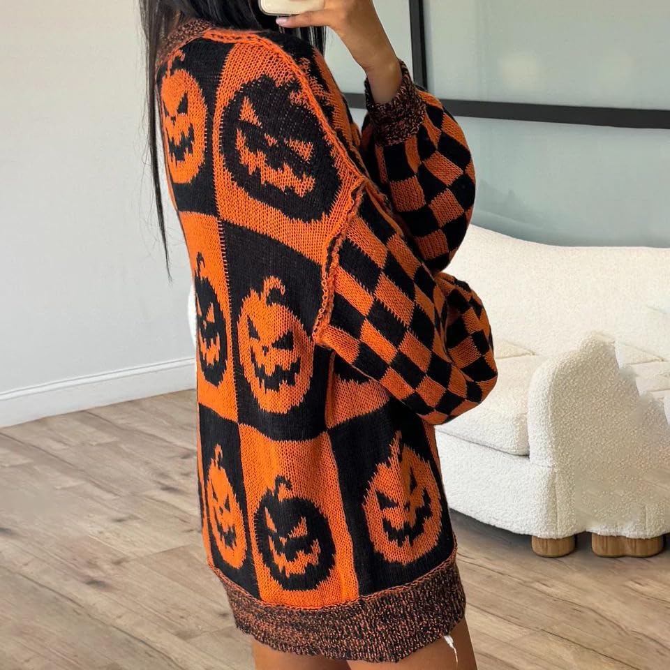 Halloween Ghost Checkered Oversized Knit Sweater, Y2K Long Sleeve Crewneck Pullover, Cozy Fall Holiday Top for Women