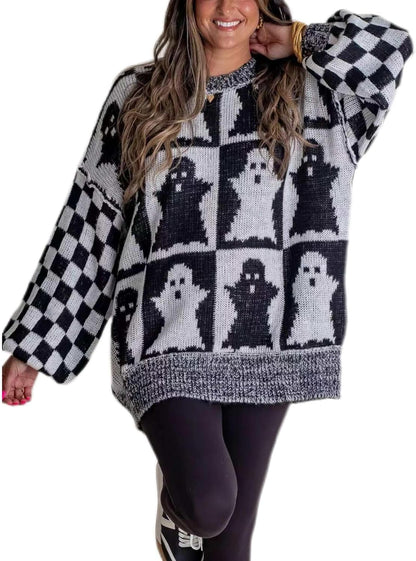 Halloween Ghost Checkered Oversized Knit Sweater, Y2K Long Sleeve Crewneck Pullover, Cozy Fall Holiday Top for Women