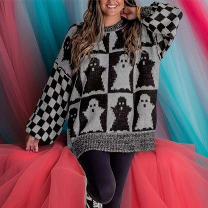 Halloween Ghost Checkered Oversized Knit Sweater, Y2K Long Sleeve Crewneck Pullover, Cozy Fall Holiday Top for Women