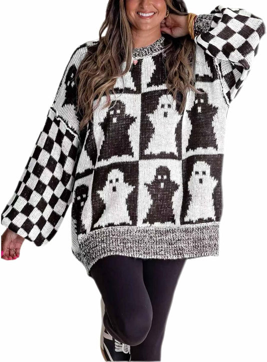 Halloween Ghost Checkered Oversized Knit Sweater, Y2K Long Sleeve Crewneck Pullover, Cozy Fall Holiday Top for Women