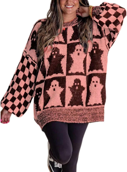 Halloween Ghost Checkered Oversized Knit Sweater, Y2K Long Sleeve Crewneck Pullover, Cozy Fall Holiday Top for Women