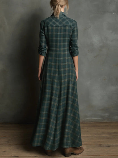 Valentina | Long Dress with Green Plaid Lapel