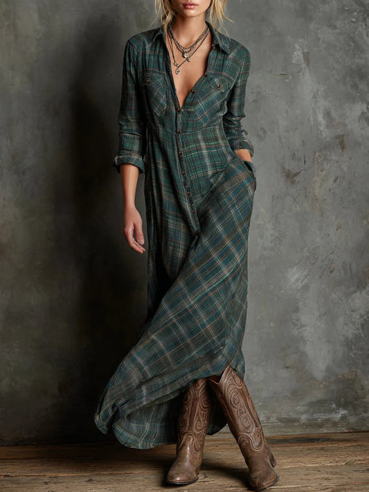 Valentina | Long Dress with Green Plaid Lapel