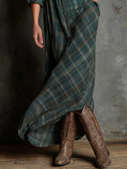 Valentina | Long Dress with Green Plaid Lapel